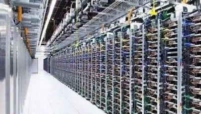 A panoramic view of a modern crypto mining farm housing thousands of Dogecoin mining rigs